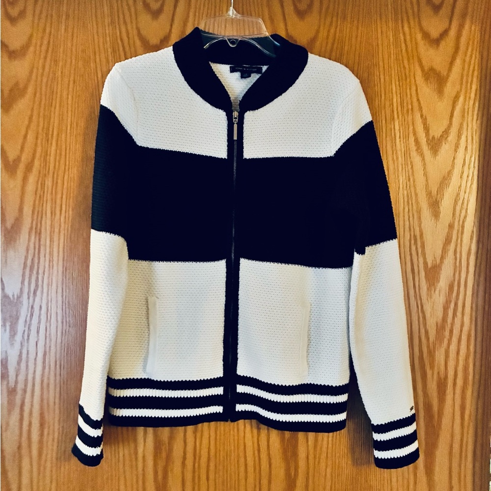 Tommy Hilfiger Cardigan, Sz. S/P, Navy/White, Waffle Knit, Varsity Jacket Vibes